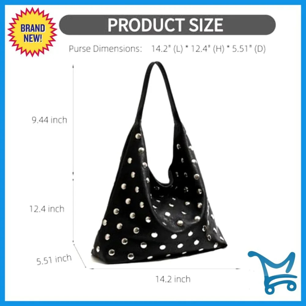 Studded Vegan Leather Hobo Shoulder Bag Tote Purse Large Capacity - Picture 6 of 7